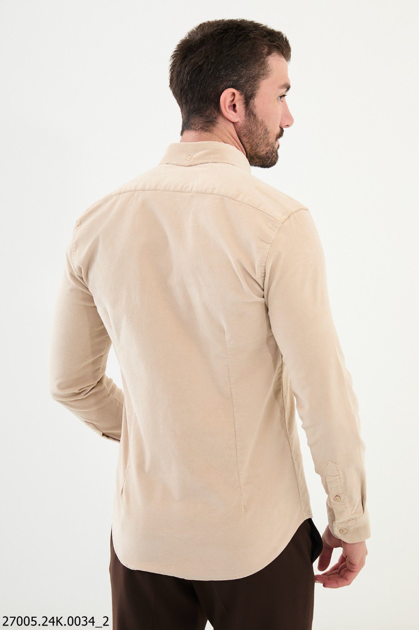 Beige Corduroy Button-Up Shirt with Dual Flap Pockets.