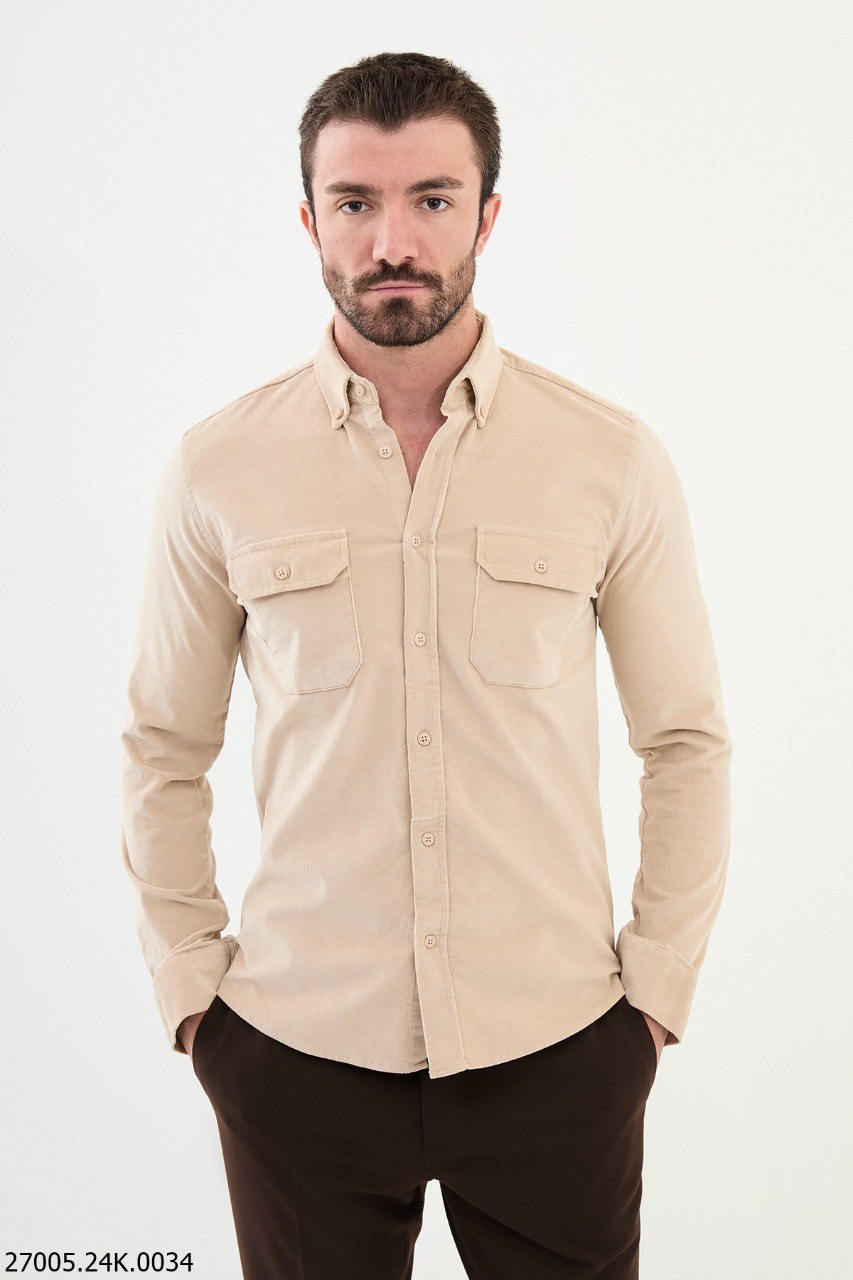 Beige Corduroy Button-Up Shirt with Dual Flap Pockets.