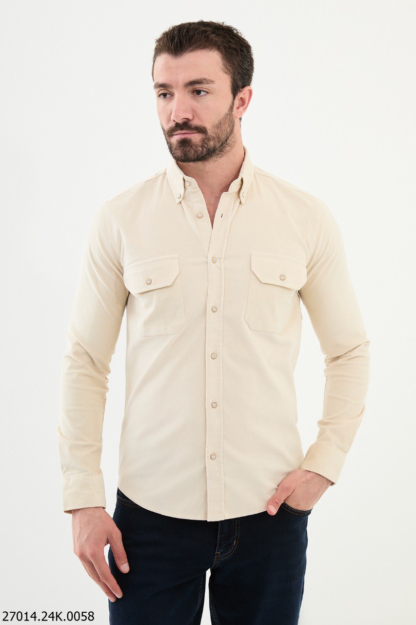 Beige Long-Sleeve Shirt with Dual Chest Pockets.