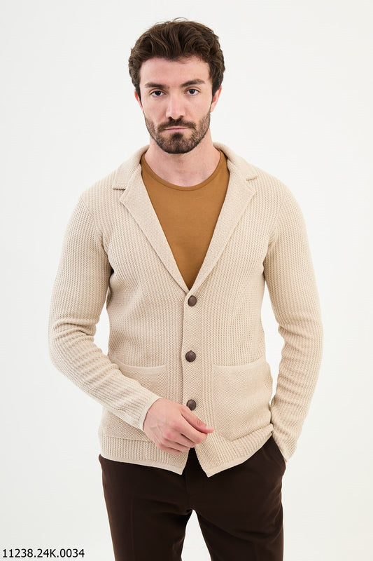 Beige Textured Button-Up Cardigan Sweater.