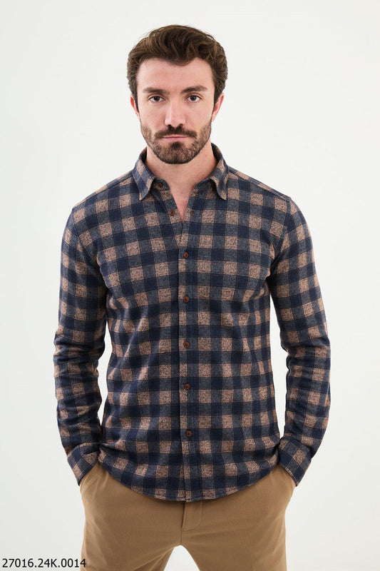 Beige and Blue Plaid Button-Up Shirt.