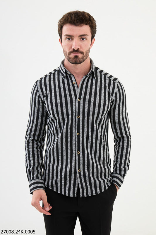 Black-Gray Striped Long Sleeve Shirt for Men.