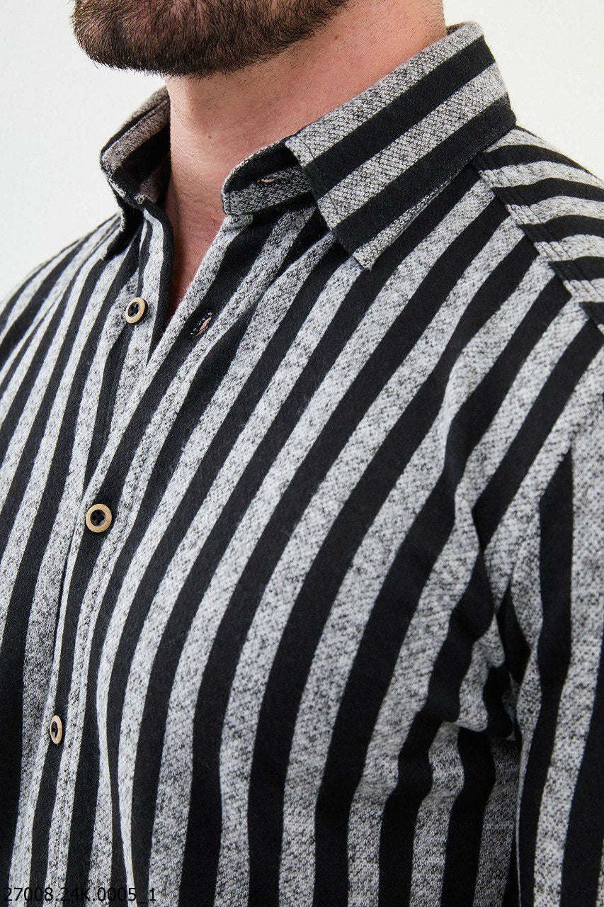 Black-Gray Striped Long Sleeve Shirt for Men.