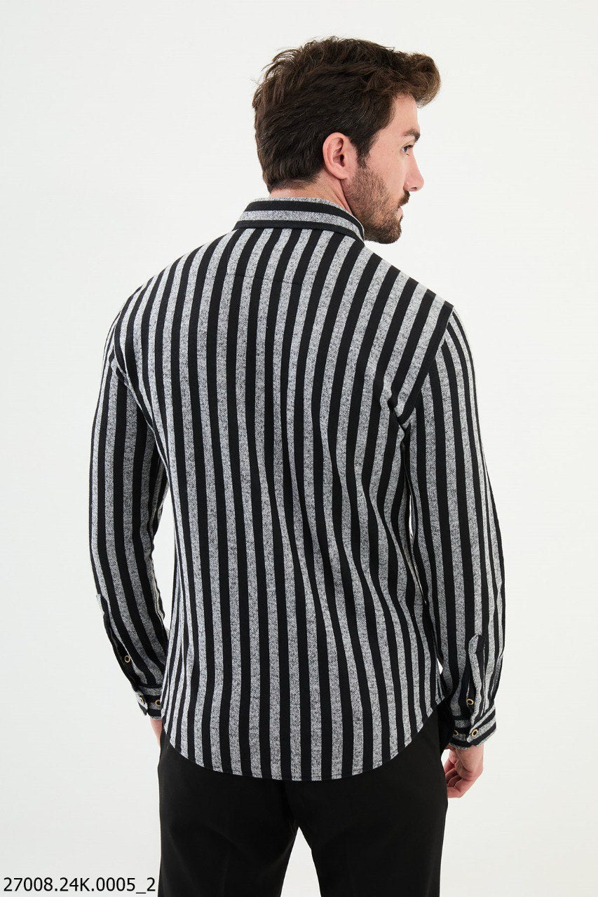 Black-Gray Striped Long Sleeve Shirt for Men.