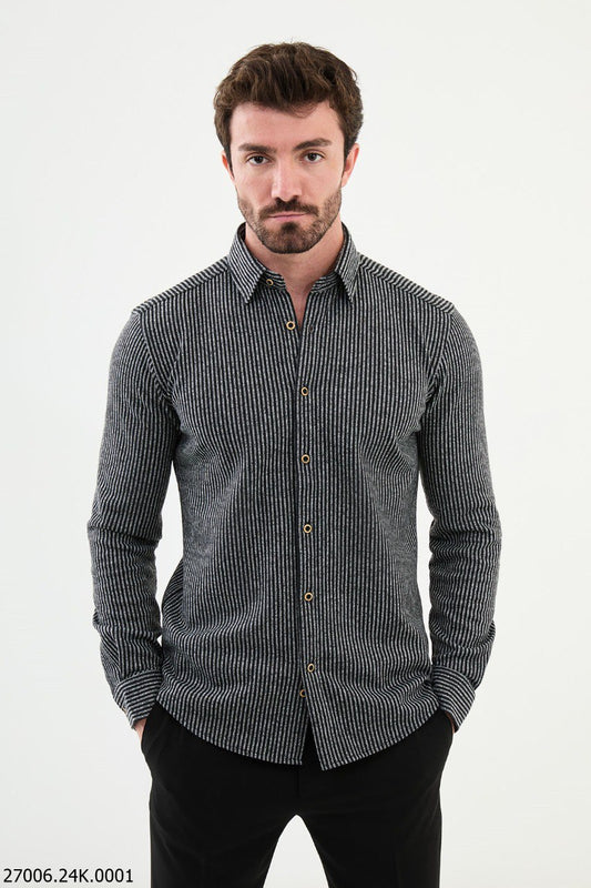 Black-Gray Striped Men's Fall-Winter Shirt.