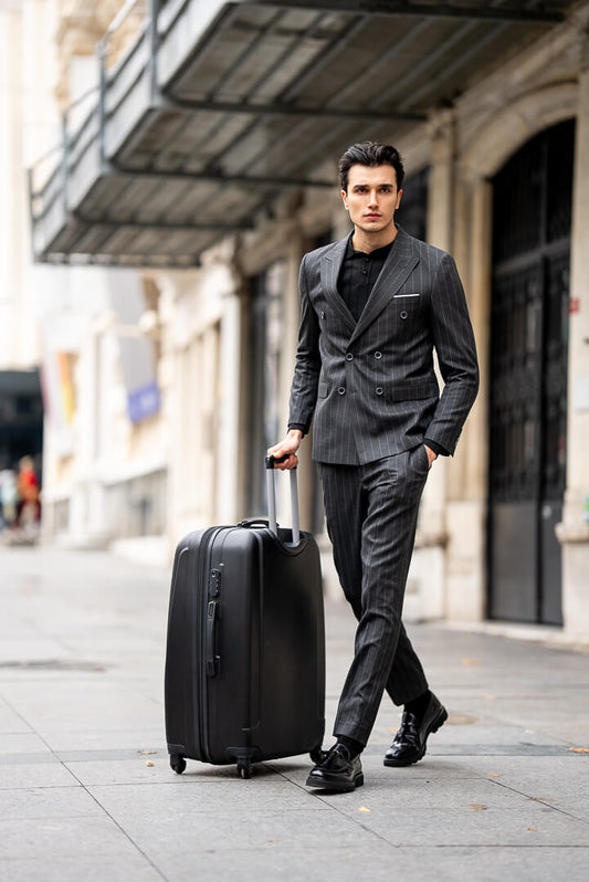 Black Double-Breasted Suit with Pinstripes.