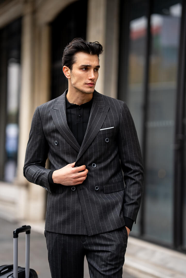 Black Double-Breasted Suit with Pinstripes.