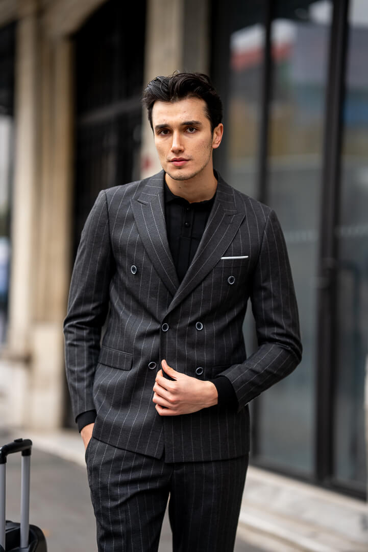 Black Double-Breasted Suit with Pinstripes.