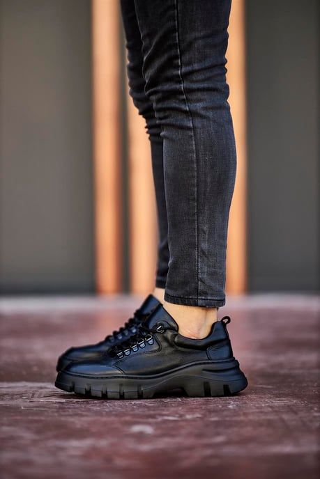 Black Leather Lace-Up Sneakers.