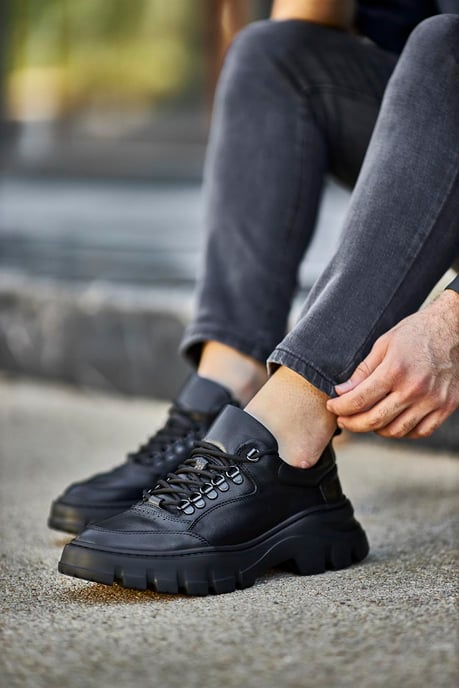 Black Leather Lace-Up Sneakers.