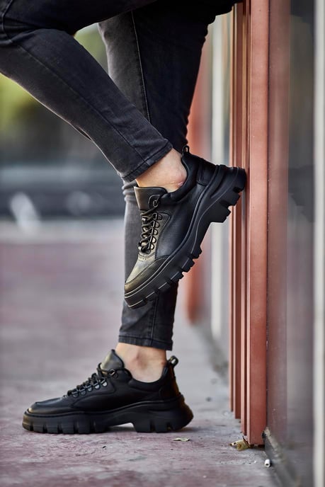 Black Leather Lace-Up Sneakers.