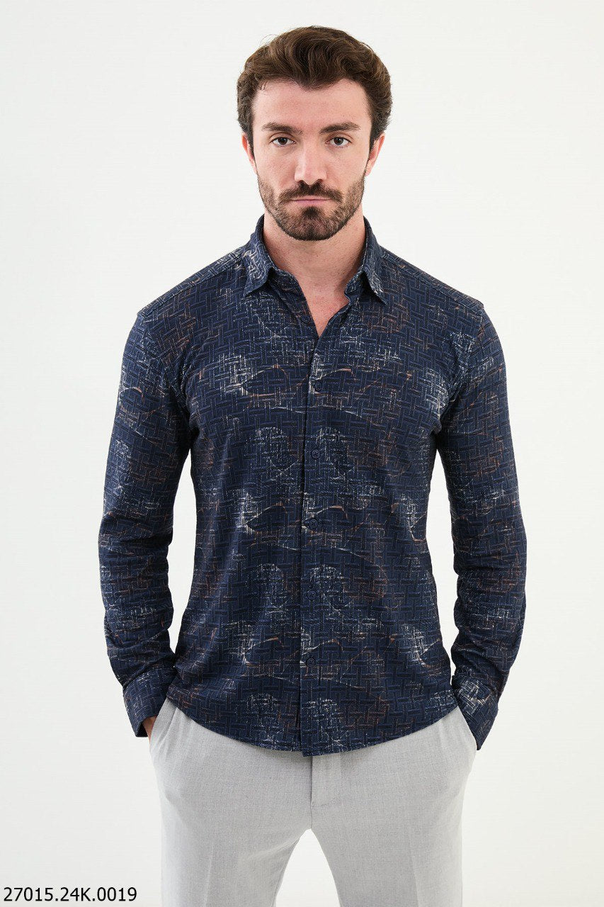 Blue-White Patterned Textured Shirt.