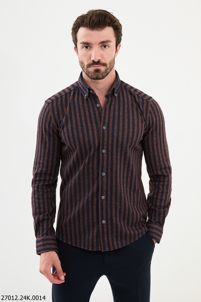 Brown-Navy Blue Striped Casual Shirt.