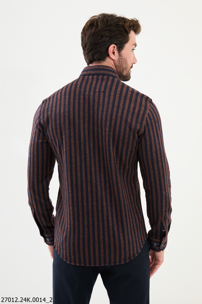 Brown-Navy Blue Striped Casual Shirt.