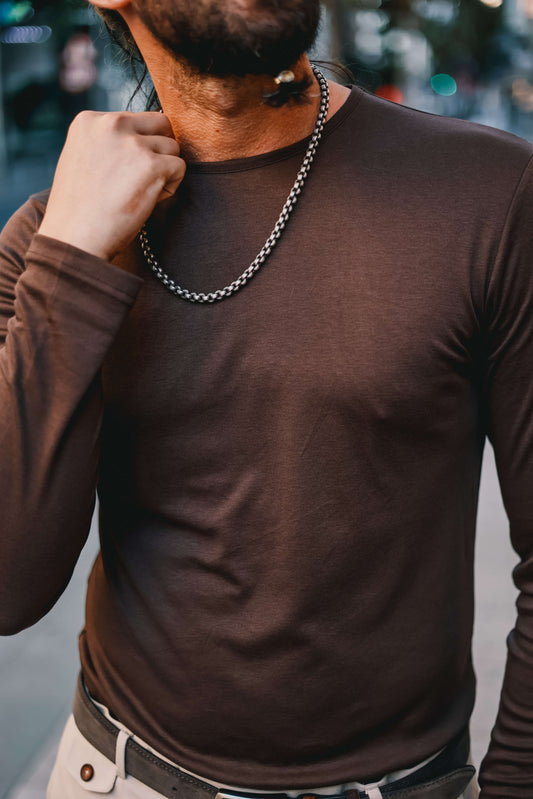 Espresso Long-Sleeve Crewneck T-shirt for men in rich brown, perfect for casual and fall fashion.