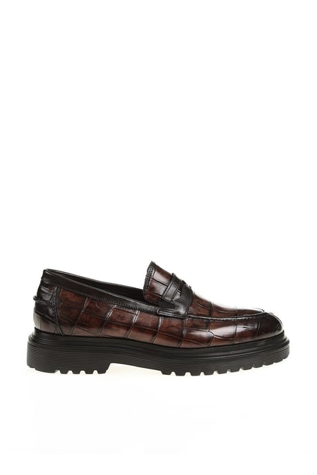 Brown Crocodile-Embossed Penny Loafers.