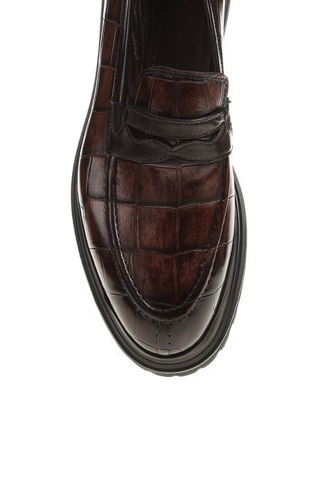 Brown Crocodile-Embossed Penny Loafers.