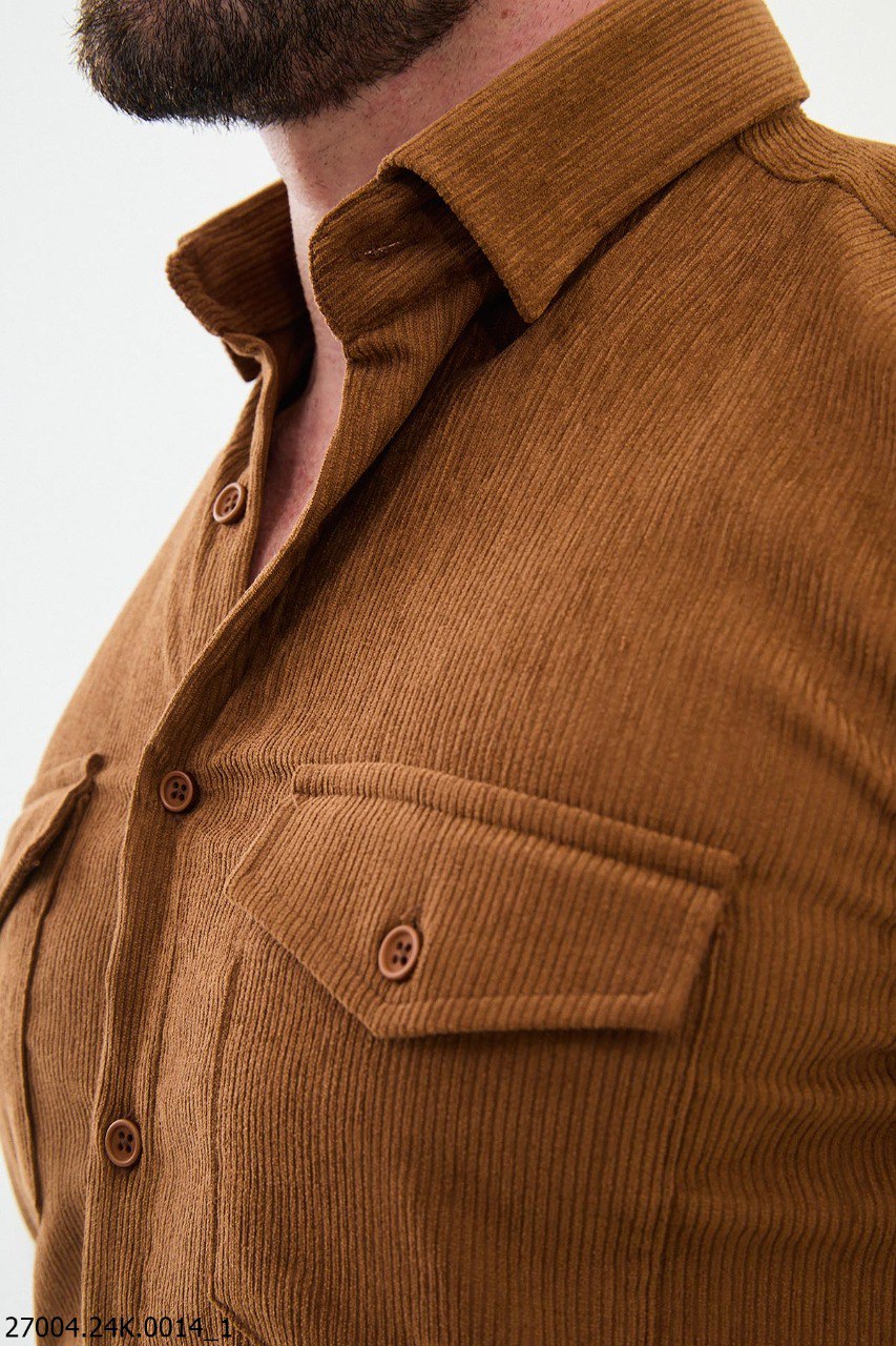 Camel Corduroy Button-Up Shirt with Dual Chest Pockets.