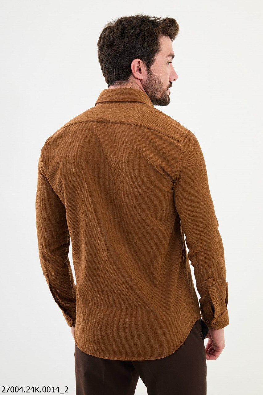 Camel Corduroy Button-Up Shirt with Dual Chest Pockets.