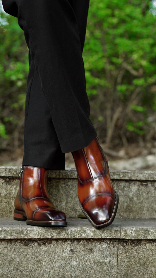 Chestnut Chelsea Boots in chestnut brown leather, featuring a seamless slip-on design for formal and casual wear.