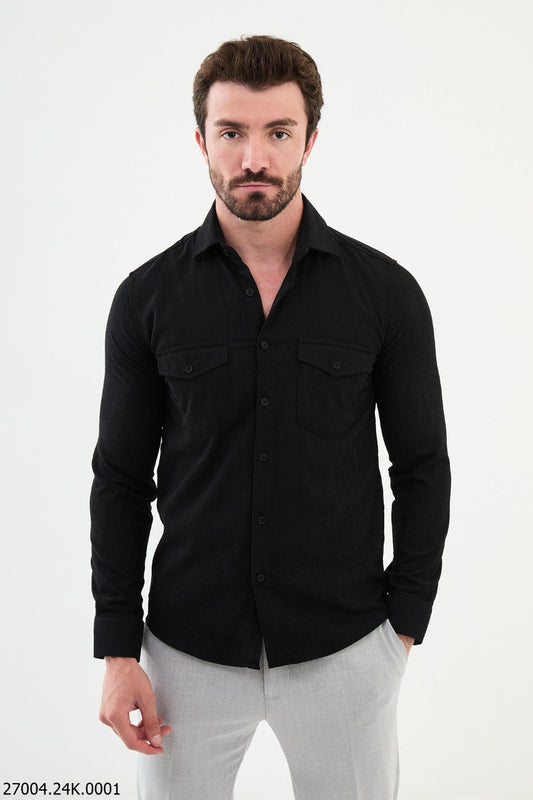 Classic Black Corduroy Shirt with Dual Flap Pockets.