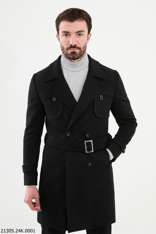 Classic Men's Black Belted Overcoat with Asymmetrical Button.