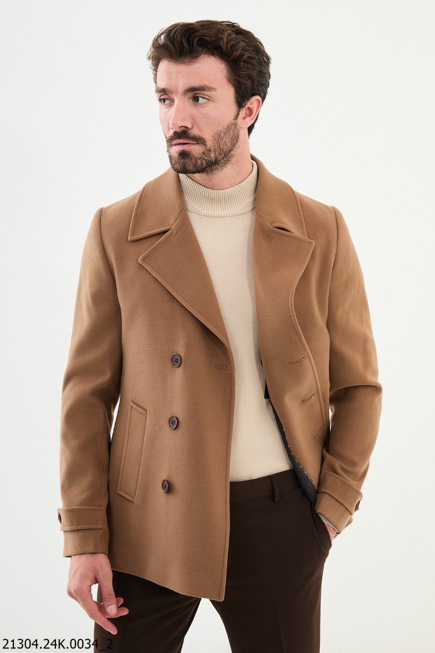 Classic Men's Camel Asymmetrical Button Peacoat.