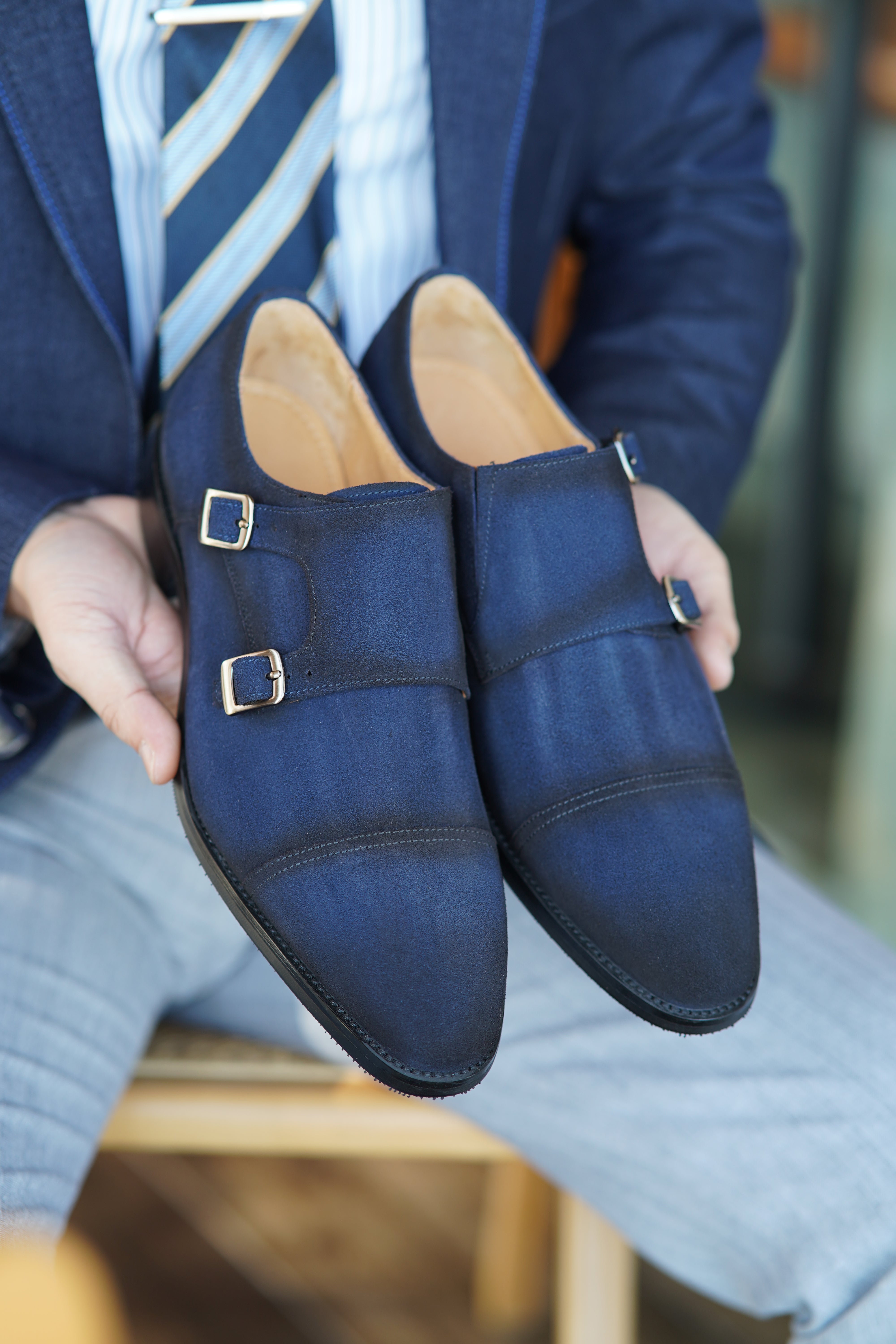 Handcrafted Navy Nubuck Double Monk Strap Shoes 46