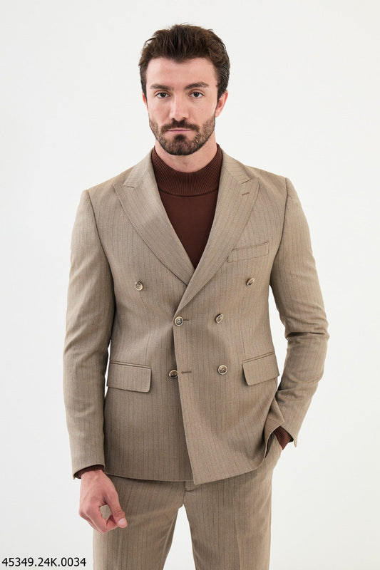 HolloMen Beige Pinstripe Double-Breasted Suit.