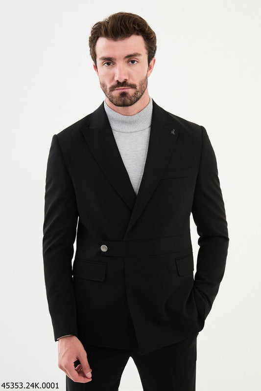 HolloMen Black Single-Breasted Wrap Closure Suit.