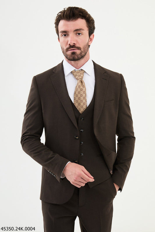 HolloMen Brown Three-Piece Slim-Fit Suit.