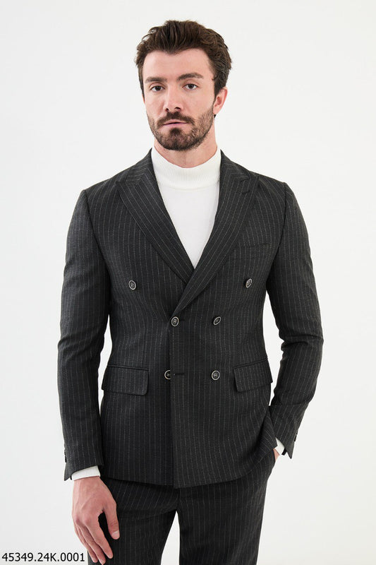 HolloMen Dark Gray Pinstripe Double-Breasted Suit.