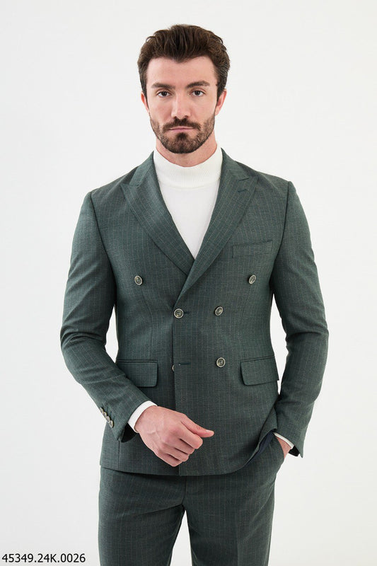 HolloMen Green Pinstripe Double-Breasted Suit.