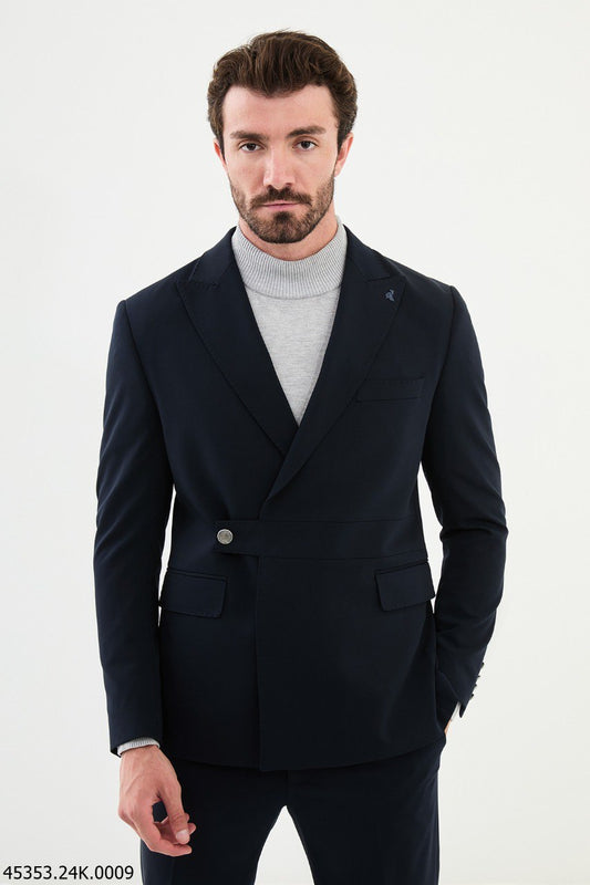 HolloMen Navy Blue Single-Breasted Wrap Suit.