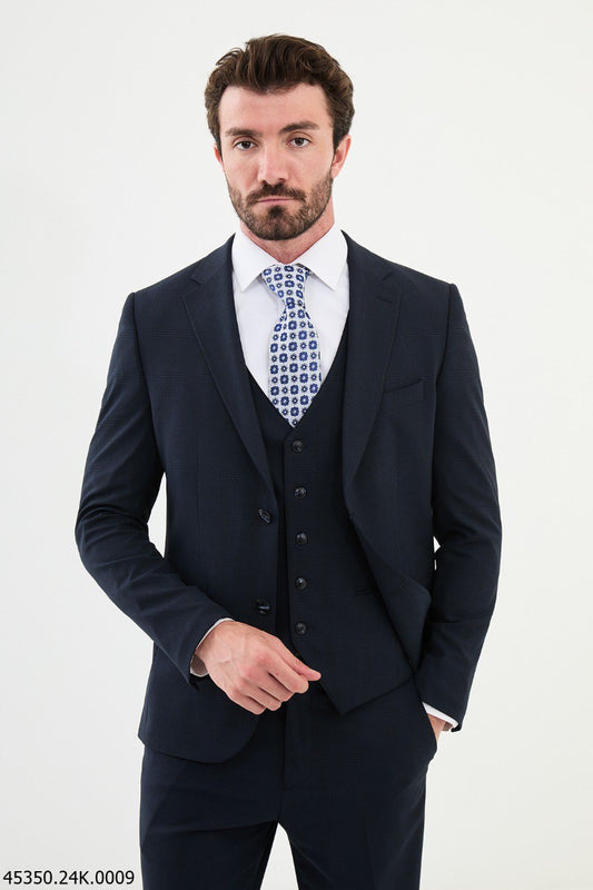 HolloMen Navy Blue Three-Piece Slim-Fit Suit.