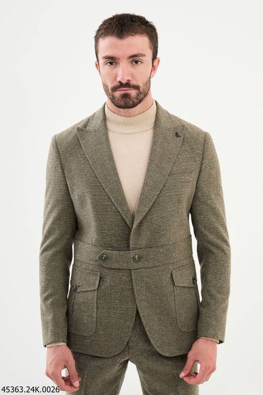 HolloMen Olive Green Single-Breasted Suit with Notch Lapel.