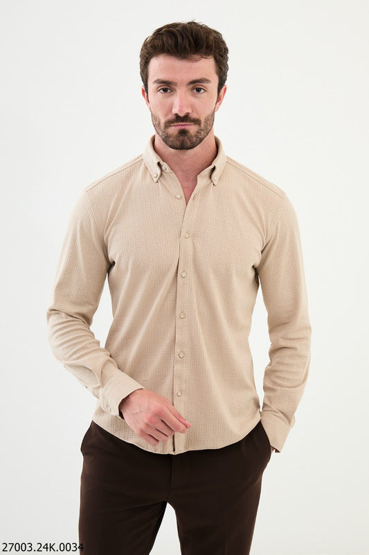 Men's Beige Button-Down Shirt.