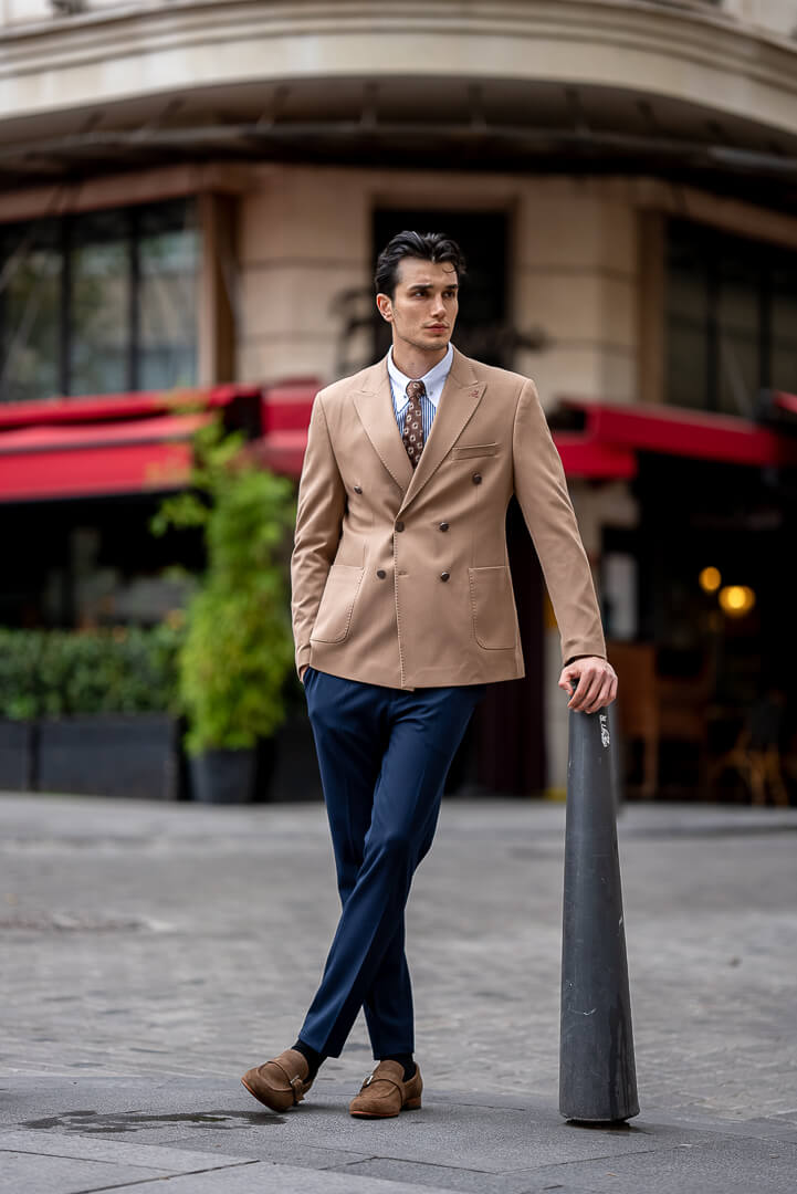 Men's Beige Double-Breasted Blazer.