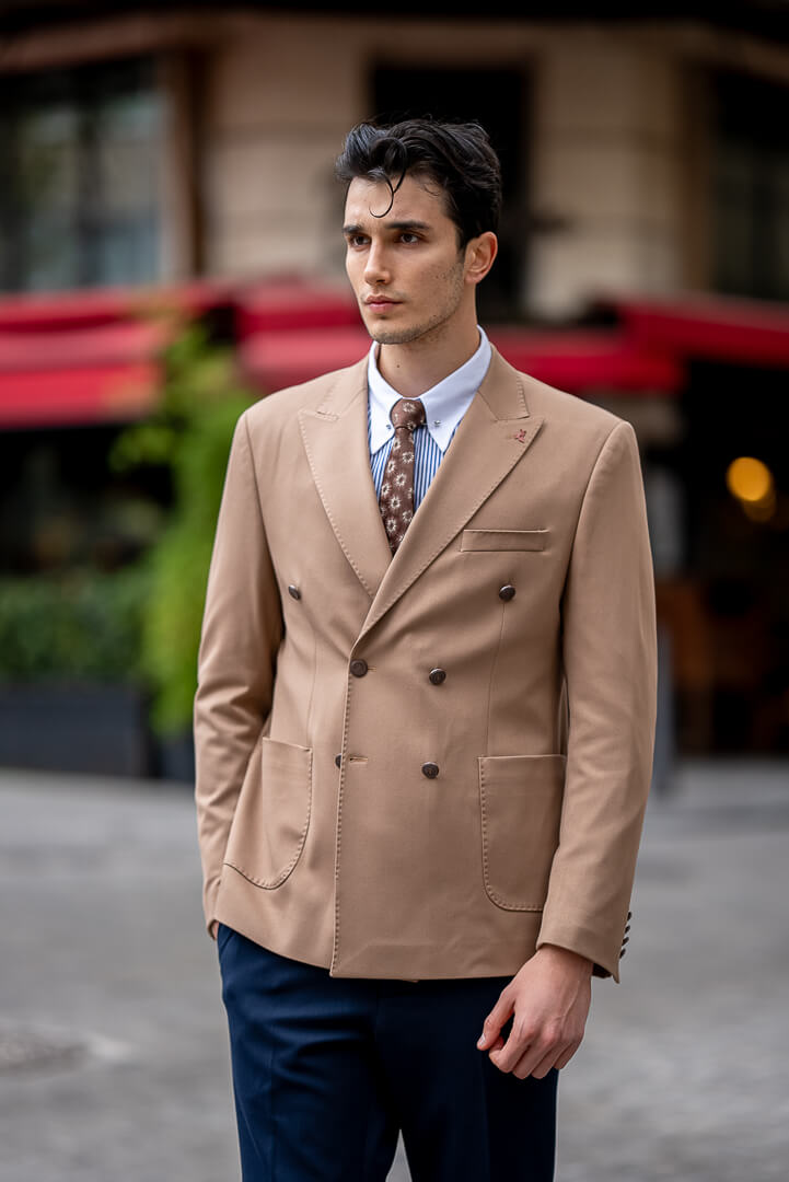 Men's Beige Double-Breasted Blazer.