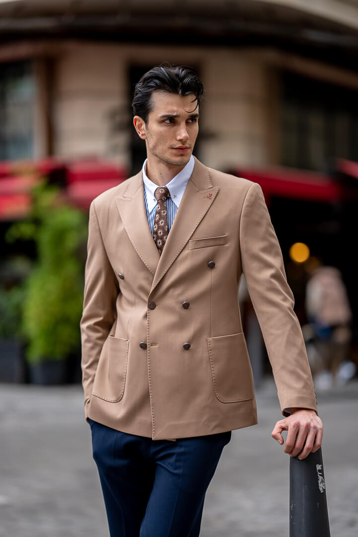 Men's Beige Double-Breasted Blazer.