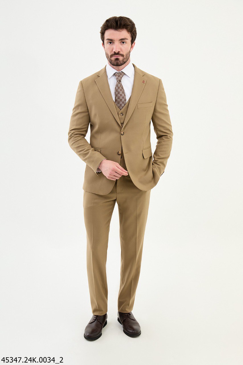 Men's Camel Three-Piece Suit.