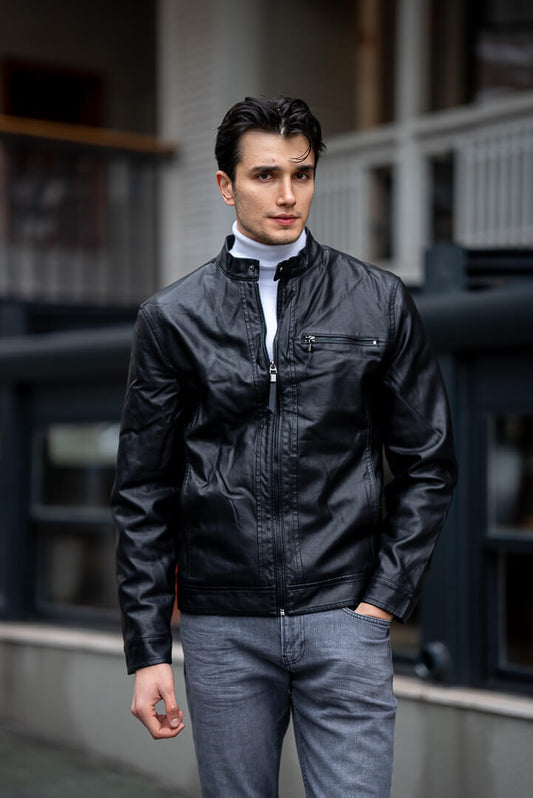 Men's Black Genuine Leather Jacket.