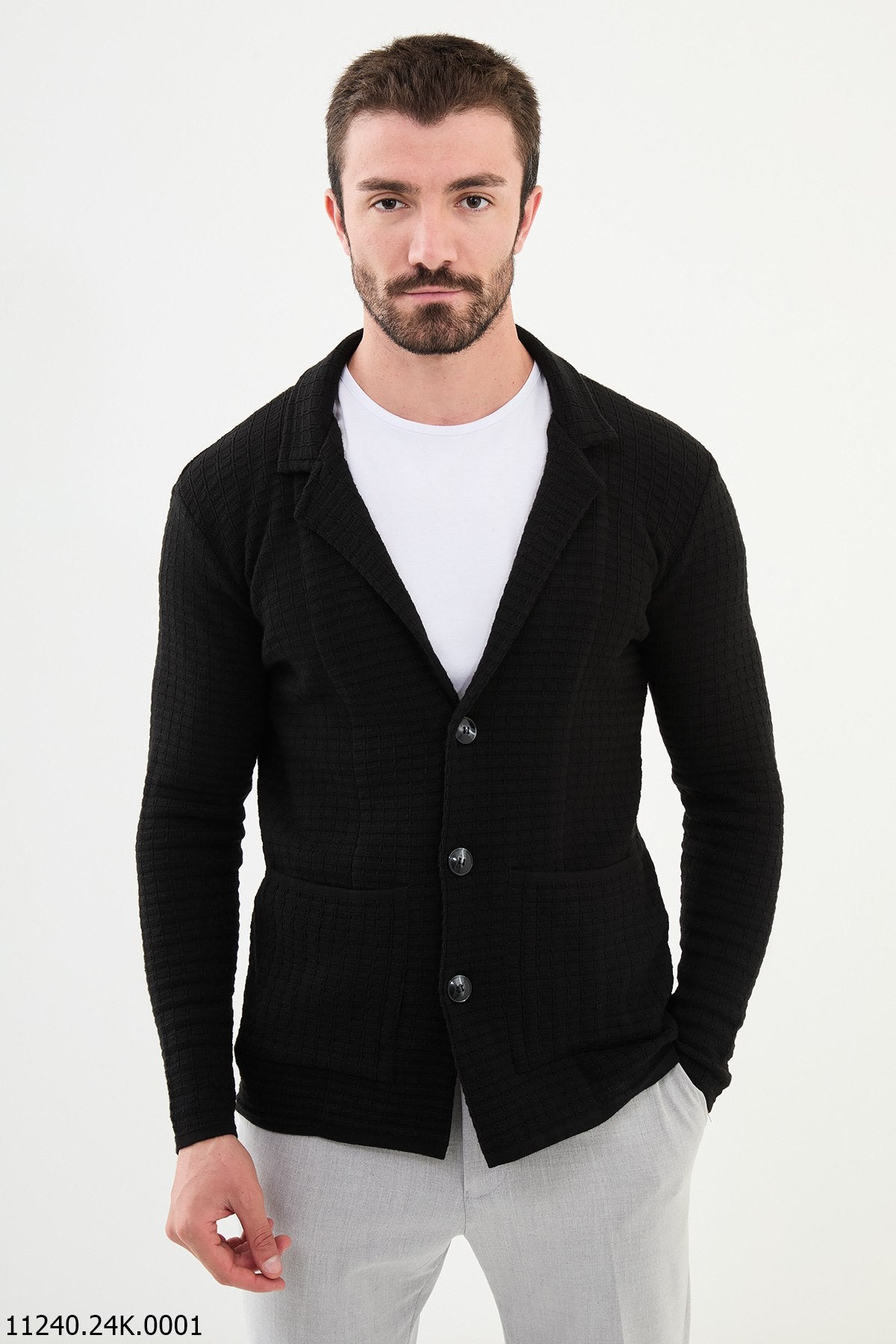 Blazer cardigan in maglia a nido d'ape nero da uomo.