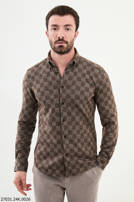 Men's Brown Checkered Flannel Shirt.