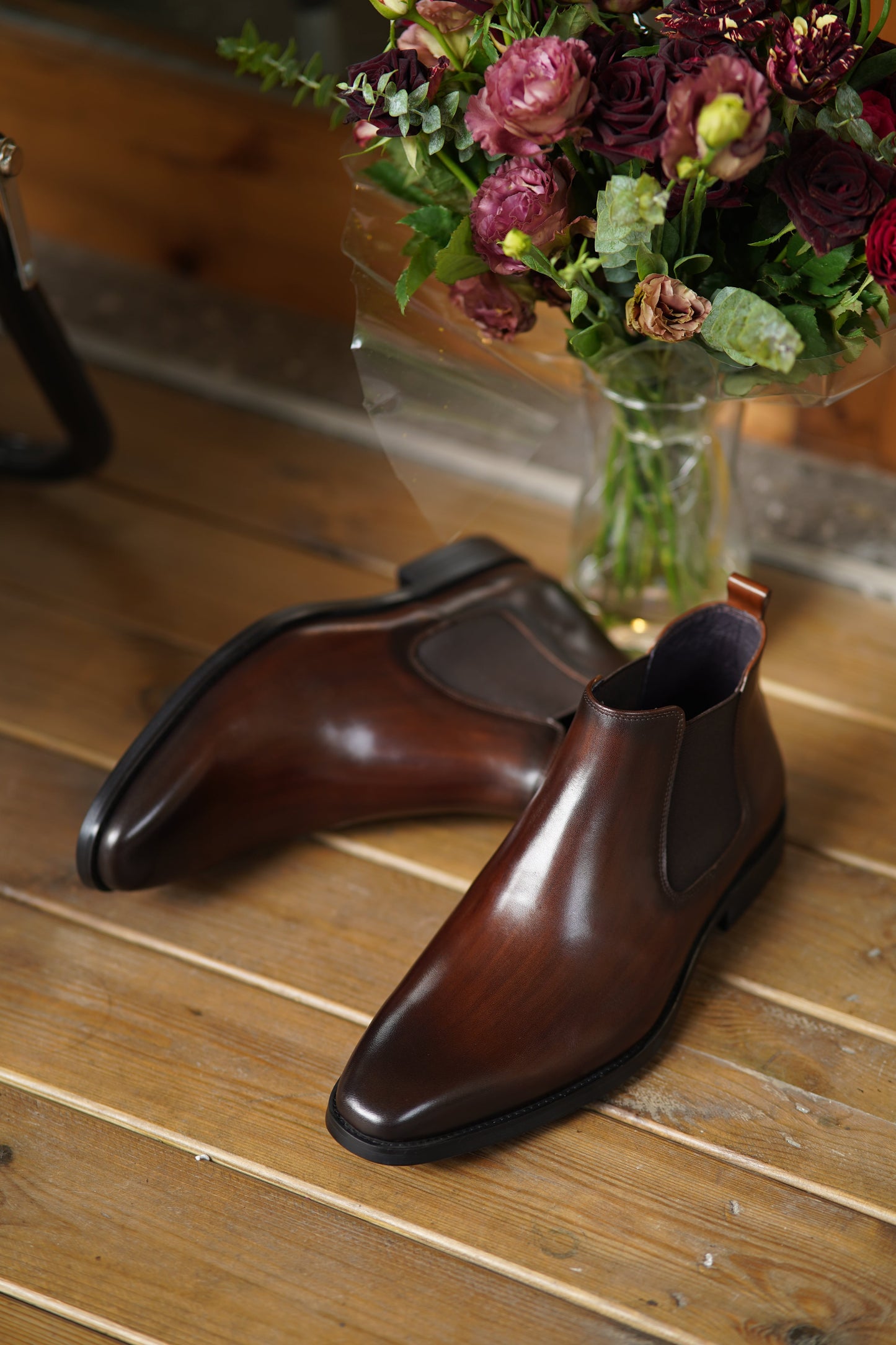 Espresso Majesty Chelsea Boots in polished espresso brown leather, featuring elastic side panels for a refined and comfortable fit.