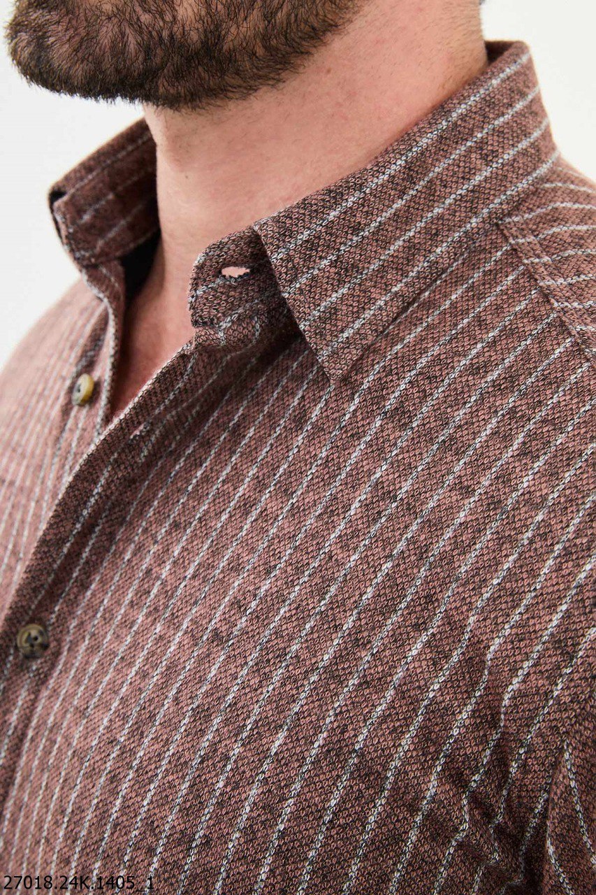 Men's Brown Striped Tile Textured Long-Sleeve Shirt.