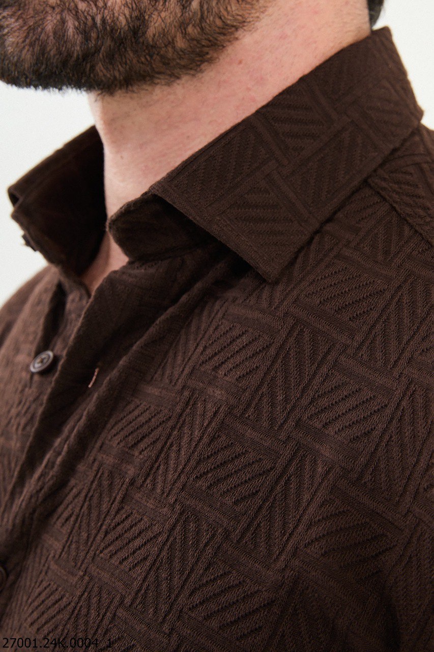 Men's Brown Textured Button-Up Shirt.