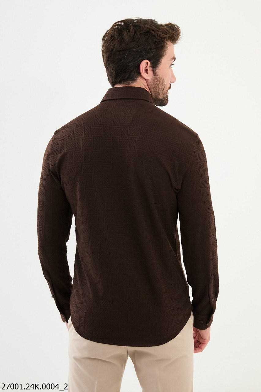 Men's Brown Textured Button-Up Shirt.