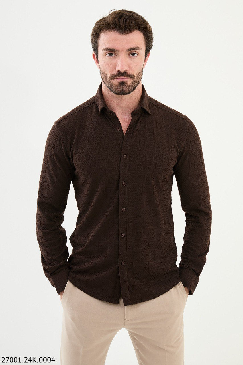 Men's Brown Textured Button-Up Shirt.