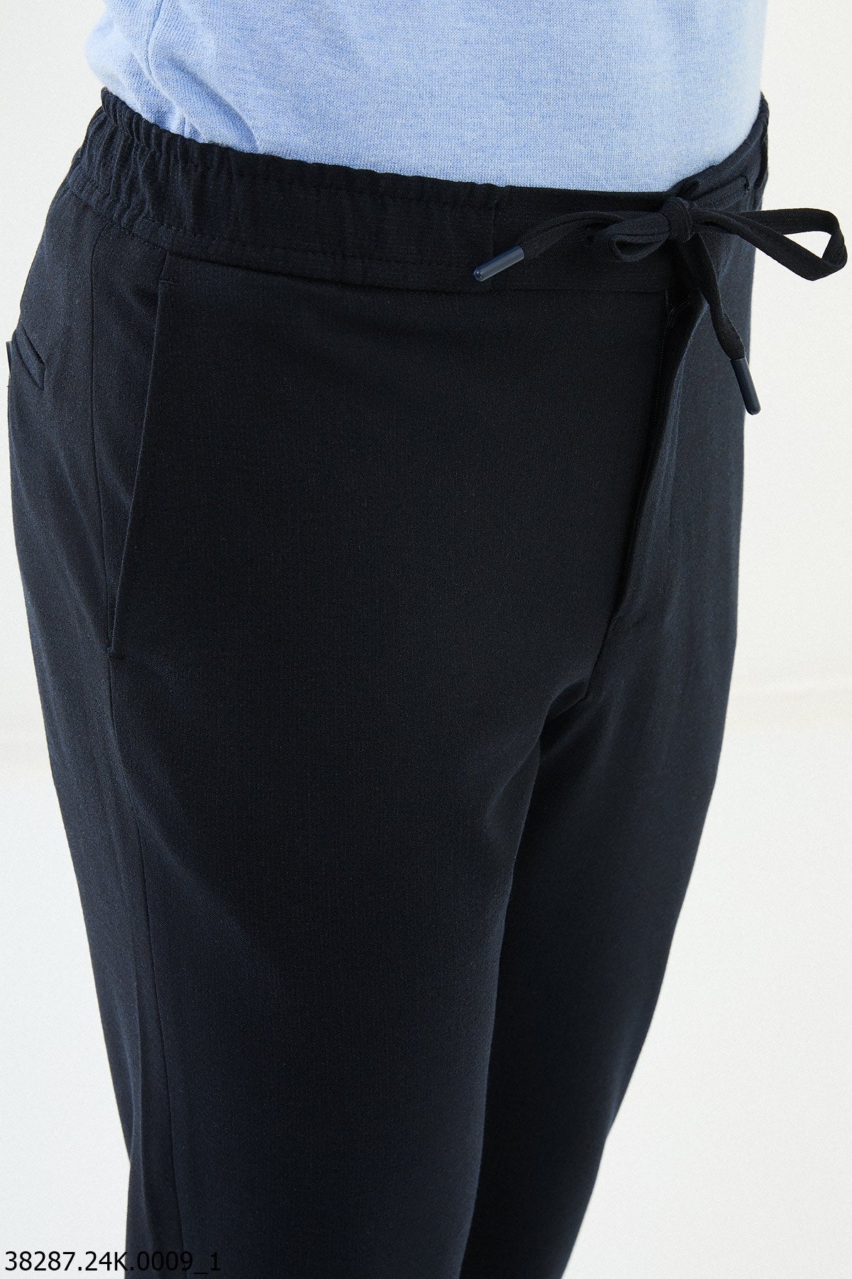 Men's Dark Blue Slim-Fit Drawstring Trousers.